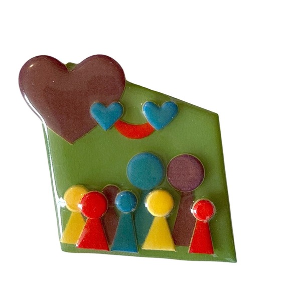 People Pins by Lucinda Jewelry - People Pins by Lucinda Vintage Family House Heart Brooch Green Resin Folk Art